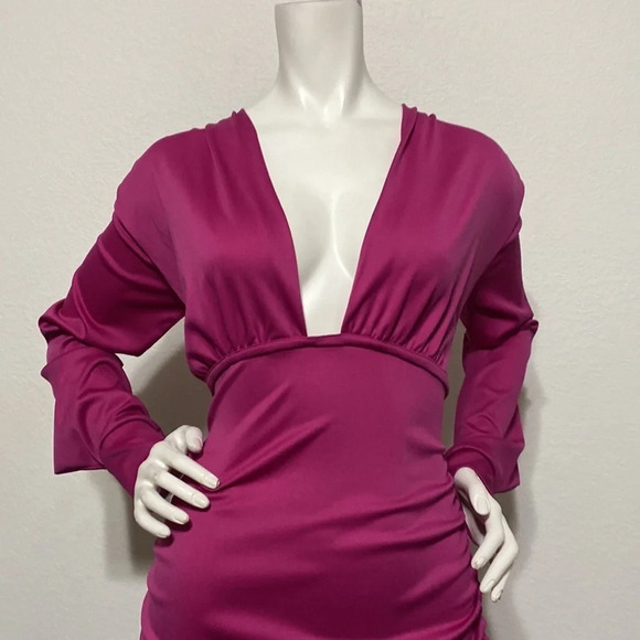 Hot Pink Long Sleeve Open V-Neck Ruched Bodycon Dress Size Large - Picture 2 of 5